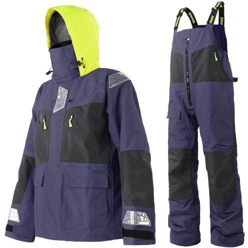 Navis Marine Herren Offshore Segelanzug 2-Lagen Wasserdicht Atmungsaktiv | Profi Segeljacke mit Neon-Kapuze & Reflektoren + Verstärkte Latzhose, Wasserdichtes Nylon-Ocean-Gewebe