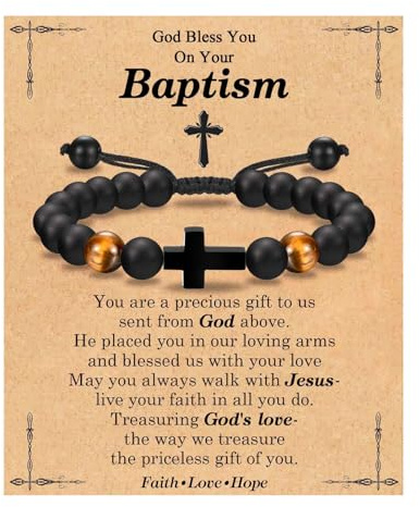 LynixTrade Christening Gift for Boy, Cross Bracelet for Holy Communion | Obsidian Tiger Eye Beads, Adjustable drawstring design, Gift box and blessing card for sons, grandsons Baptism Confirmation