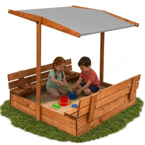 Bac à sable en bois 120 x 120 cm avec toit et couverture, bac à sable pour enfants, bac à sable de jardin en bois de conifère imprégné, toit pare-soleil réglable, pliable, marron, gris SPRINGOS