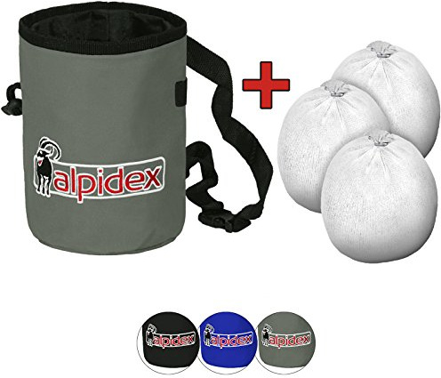 ALPIDEX Chalkbag inklusive 3 x Chalk Ball (35 g) und Bauchgurt Kletterkreide Bouldern Klettern Fitness Gym Turnen Gewichtheben, Farbe:Grey Mountain