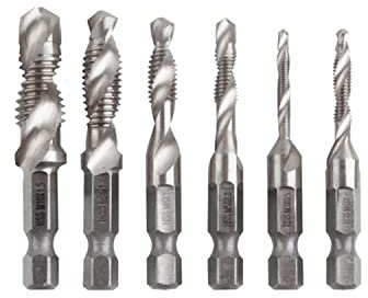 Xnrtop 6 x Kombi-Gewindebohrer, 6,35 mm (1/4 Zoll), Sechskant-Drehgewindebohrer, HSS M3-M10 Bit-Senksenker, Sechskantgriff, metrische Gewindebohrer, weiß diamant/titanbeschichtet