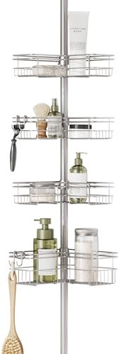 Zenna Home Tension Pole Shower Caddy with 4 L-Shaped Shelves with Hooks, Satin Nickel, 60-97 Inch – Rust-Resistant Corner Shower Organizer Shelf – Premium, Adjustable Shower Rack for Bath Essentials