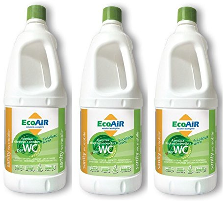 Prime 3 Pezzi - Bottiglia da 2 Litri DISGREGANTE WC Sanity Mobile con Nuova FRAGRANZA EUCALIPTO - Liquido per Serbatoio ACQUE Nere WC Toilette Camper - COMPARABILE DISGREGANTE Aqua KEM - Made Italy