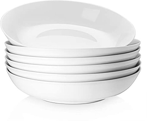 Y YHY Cuencos de Pasta Set de 6, 23,6 x 4,8 cm Plato Hondo Sopa de Porcelana, Fuente Ensaladera Grande, Platos Llanos, Cuencos Cocina Apto para Lavavajillas, Microondas y Horno-1180 ml, Blanco