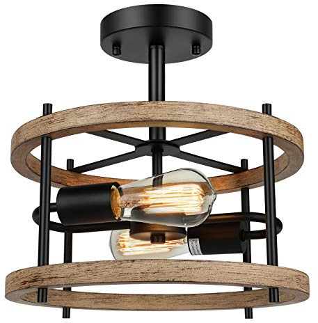 Lakumu 2-Light Retro Semi Flush Mount Ceiling Light Fixture, Rustic Vintage Wood Ceiling Light Black Metal, Industrial Farmhouse Ceiling Lamp for Hallway Entryway Bedroom Balcony Farmhouse Dining Room
