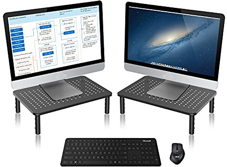 Bracwiser Lot de 2 supports rehausseurs pour moniteur, 3 niveaux de hauteur réglables pour ordinateur, ordinateur portable, imprimante, notebook avec plateforme en métal ventilée 370 x 235 mm, noir
