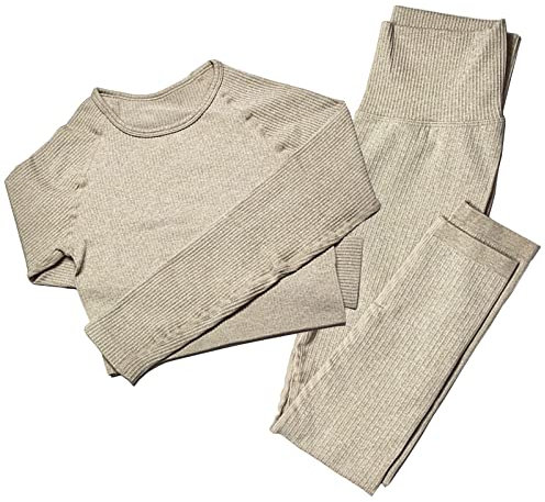 MAYROUND Nahtlose Frauen Yoga Sets 2 Stück Gerippt | Langarm Top und Hohe Taille Leggings Gym Kleidung Set | Damen Sportswear Set