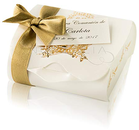 10 Cajitas regalo baúl de cartón color blanco con cáliz 6 x 4,5 x 3,5 cm. sin montaje ni contenido con cinta para el lazo y tarjeta personalizada primera comunión pequeños regalitos