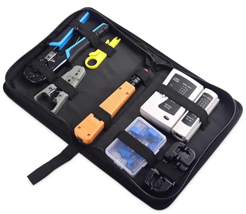 Cable Matters 7-in-1 Netzwerk-Werkzeug-Set mit RJ45-Ethernet-Crimpwerkzeug | Stanzwerkzeug, Auslegeständer, Kabeltester, RJ45-Steckverbinder, RJ45-Steckern und Abisolierzange, inklusive Tragetasche