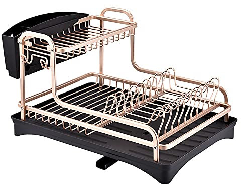 wdjj ÉGouttoir à Vaisselle, éTagèRes de Cuisine en Aluminium Multicouche, éGouttoir à Vaisselle avec Porte-Ustensiles de Plateau D'éGouttement/Or rose / 24cm