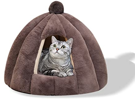 Galatée Katzenhöhlenbett, Waschbares Katzenkissenbett Mit rutschfeste Unterseite, Haustierbett Mit Abnehmbarem Waschbarem Innenkissen, Weiches Und Gemütliches Plüschkatzen-Iglu(M, Grau)