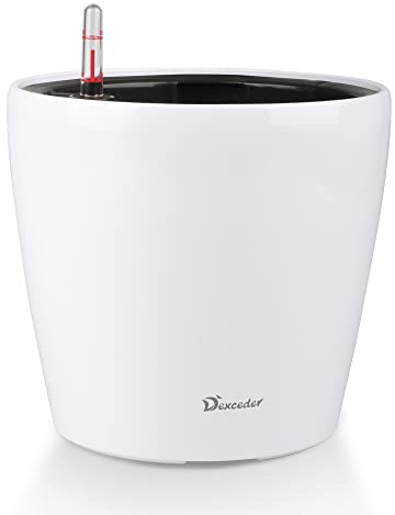 Dexceder 9x8 Inches High Gloss Self Watering Planter Indoor Outdoor, Inner Pot Design, Thickened Table Flower Plant Pot with Water Level Indicator (White)