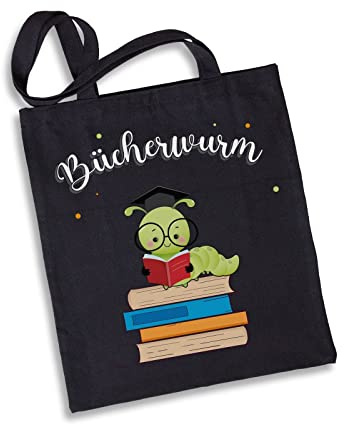 Tassenbrennerei Baumwolltasche mit Spruch Bücherwurm - Büchertasche, Einkaufstasche lustig - Geschenk für Leseratten