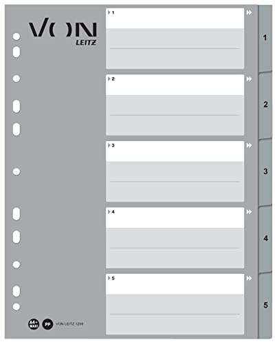 VON Leitz 10er Pack Zahlen-Register A4, 1-5 nummerierte Trennblätter für Ordner, PP, Extra breit, 11-Loch-Universalregister für Schnellhefter & Ringbücher, Grau, 12590085