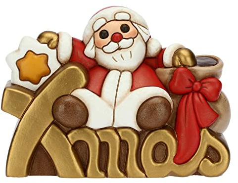 THUN - Natale 2022 - Soprammobile Babbo Natale su Scritta Xmas in Ceramica Decorata a Mano - Idea Regalo Natale 2022-15x7.2x11 cm h