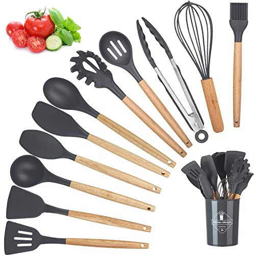 Juego de Utensilios de Cocina de Silicona, 12PCS, Accesorios sin BPA, Herramientas Antiadherentes Resistentes al Calor con Mango de Madera, Menaje de Cocina con Cuchara/Espátulas/Pinza