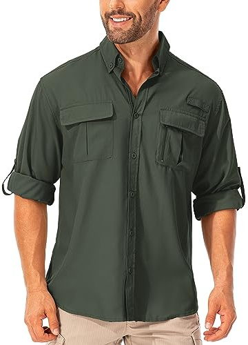 Asfixiado Camicia da Uomo Safari UPF50+ Protezione UV Camicia da Uomo a Maniche Lunghe Camicia da Uomo Funzionale Camicia da Uomo per Outdoor Traspirante Asciugatura Rapida Camicia Casual Button Down