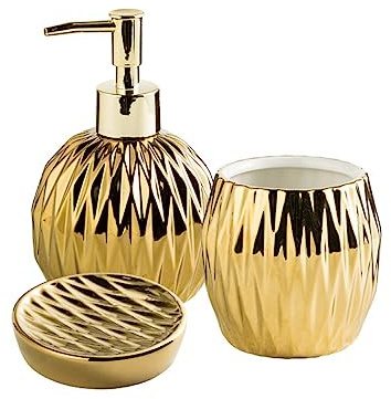 YYW Bathroom Accessory Set with Lotion Dispenser, Toothbrush Holder, Toothbrush Cup, Soap Dish 3/4 Pieces Modern Luxury Housewares Refillable Bathroom Soap Dispenser Set (Three-Piece Set - Gold)