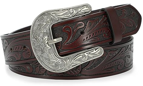 SUOSDEY Westerngürtel für Damen Herren, Cowboy Cowgirl Ledergürtel für Jeans, Vintage Gravurgürtel mit Schnalle