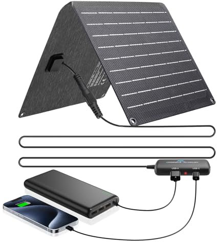 Ecosonique 10W/12W Solar Ladegerät für Handy mit USB-A/USB-C mit Abnehmbarem Power Hub, IP67 Wasserdicht Faltbar klein Solarpanel für Handy, Rucksack, Wandern Outdoor