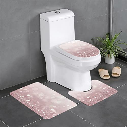TRESILA 3-teiliges Badematten-Set, rutschfest, Badezimmermatte, WC-Vorleger, Teppich, Flanell, Bodenmatte, Druck, Türmatten – Pink Beach