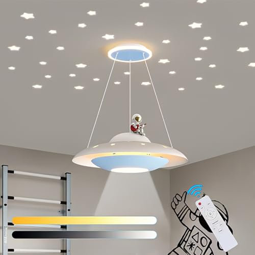 KZT LED Kinder Deckenlampe Dimmbar Deckenleuchte mit Fernbedienung 36W Hängelampe Kinderzimmer Astronaut Planet Lampe Höhenverstellbar Pendellampe für Junge Mädche Schlafzimmer Kindergarten (A)