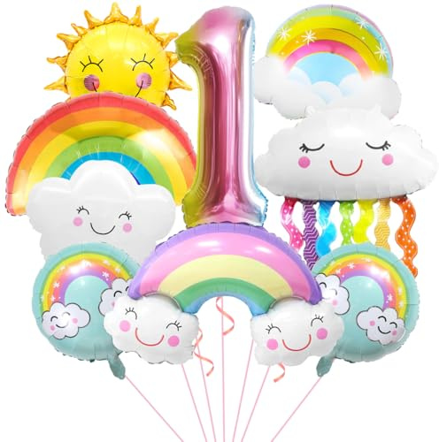 Regenbogen Geburtstagsdeko 1, Folienballon Wolken, Zahl 1 Ballon, Luftballons Wolken Quasten, Helium Ballon Sonne, für Jungen Mädchen Geburtstag Party Dekoration