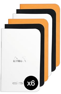 RHODIA 119156AMZC- Una Confezione da 6 Taccuino s Piqués - 7, 5 x12 cm - Puntinato DOT - 48 pag. - 80g/m² - 3 COLORI assorties (Orange, NERO et Bianco)