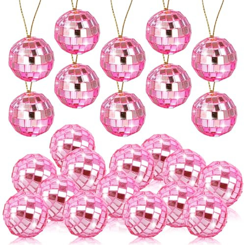 Sporgo 24 Stück Discokugel Spiegelkugel: Rosa Disco Spiegel Ball, Klein Discokugel, Disco Ball mit Seil, Spiegelkugel zum Aufhängen, für Party, Hochzeit, Zuhause, Lichteffekte (Durchmesser 3 cm)