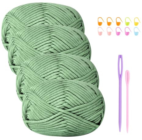 Tjockt bomullsullgarn för virkade nybörjare – 4 x 50 g Amigurumi-garn med tillbehör, Easy Crochet Starter Kit salviagrön