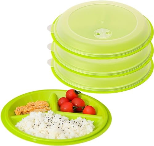 SPORWAY 3 pezzi di stoviglie per microonde con coperchio: piatto per microonde con coperchio con suddivisione in 3 scomparti, contenitore per alimenti, stoviglie per riscaldamento