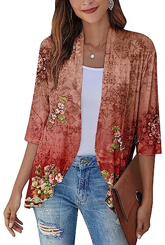 SCBFDI Giacca Donna, Cardigan Kimono da Donna Cardigan Floreale Con Maniche a 3/4 Spolverino Aperto Sul Avanti Volant Drappeggiato Elegante Coprispalle Estivo, Giacca Donna Nera