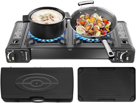 SOLOCJNL Hornillo de gas para camping, 2 quemadores de butano, hornillo de camping con parrilla, potencia de fuego ajustable para camping, viajes, picnics, color negro