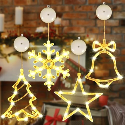 LED Weihnachtsbeleuchtung 4er Set Fensterdeko Hängend Fensterlicht mit Saugnapf, Weihnachtsbeleuchtung Hängend Fensterlicht Warm Weiß Batteriebetrieb für Fensterdeko,Innen Außen Weihnachtsdeko