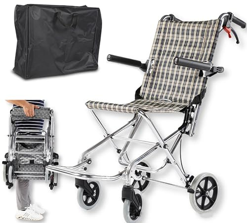 YFJBDKS Fauteuil roulant pliant léger pour adultes, chaise de transport ultralégère (seulement 15 livres),solution de mobilité compacte idéale pour les personnes âgées,Checkered