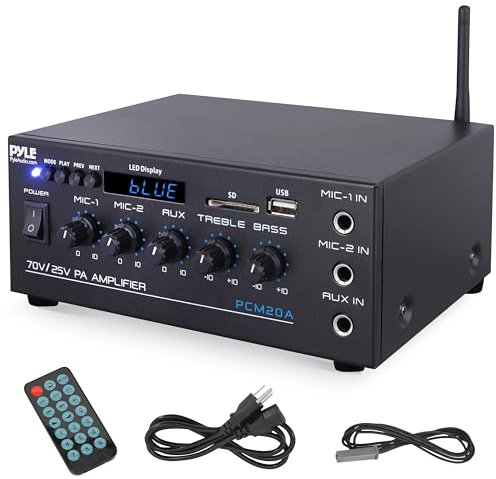 Pyle Verstärker, 40W Bluetooth Verstärker, Bluetooth Amplifier, Mini Amp- AUX, 2 Mic Eingänge COM/8-Ohm/25V/70V Lautsprecherausgänge – Bass- und Höhenregelung, Stereo Für Heimkino, Studio & Theater