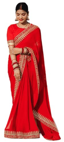 Accessorize Kingdom Sari pour femmes en Georgette Rouge prêt à porter avec chemisier non cousu Idéal pour les mariages, les événements festifs et les célébrations traditionnelles Taille libre Modèle