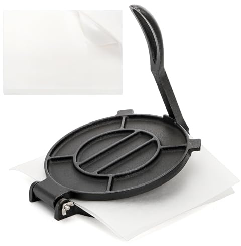 Cedilis 8 Inch Cast Iron Tortilla Press with 100pcs Parchment Paper, Roti and Tortilla Maker, Flour Tortilla Press for Tawa or Dosa, Heavy Duty, Even Pressing, Black