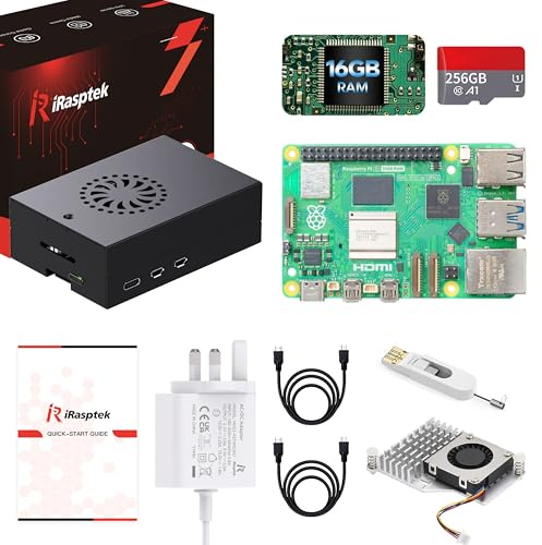iRasptek Starter Kit for Raspberry Pi 5 de démarrage 16Go - Édition OS-Bookworm de 256Go préinstallée (boîtier Aluminium)
