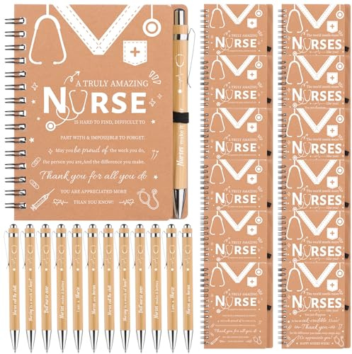 SevenMye 24 PCS Nurse Gifts Bulk 12 Inspirational Pocket Notebooks with Pen Holder and 12 Bamboo Ballpoint Pens Nurse Appreciation Gifts for Nursing Students RN LPN CNA NHS Nurses