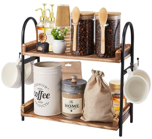 BDBDYEAY Coffee Bar Accessories, 2-Tier Coffee Bar Organizer with 4 Coffee Cup Holder Hooks, Mul-tifunctional Wooden Beaded Coffee Station Countertop Stand Shelf for Kitchen Home Office