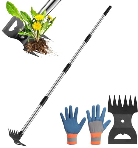 RONSUNG Weed Puller Tool with 57 Long Handle – 2-in-1 Stand Up Weeder & Garden Hoe with Heavy-Duty Steel Head, Manual Hand Uprooting Weeding Pull for Lawn, Yard & Lawn, Bonus Gloves Included