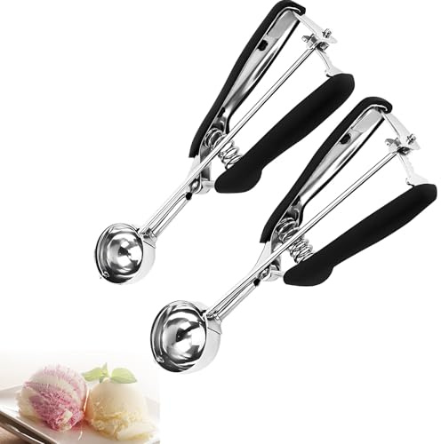 2 Stück Eisportionierer Edelstahl, 3 cm und 4 cm, mit Auslöser und Komfortablem Rutschfest Griff, Haltbarkeit, für Eiscremekugel, Backen, Melonenkugel (Schwarz) (Schwarz)