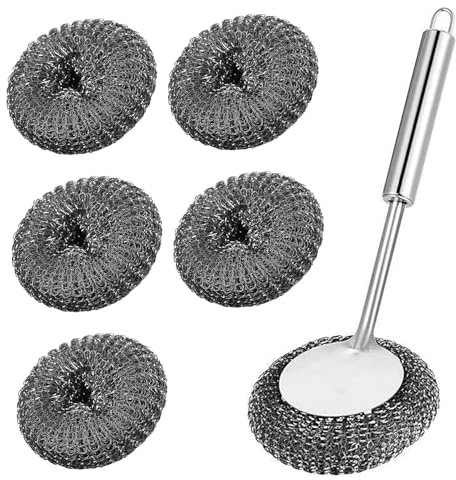 Srvauyea Juego de Cepillo de Lana de Acero, Esponjas de Acero Inoxidable, Cepillo de Metal para Fregar, Esponjas de Limpieza, 6 Estropajo con 1 Mangos para Platos, Sartenes, Parrillas, Estufas