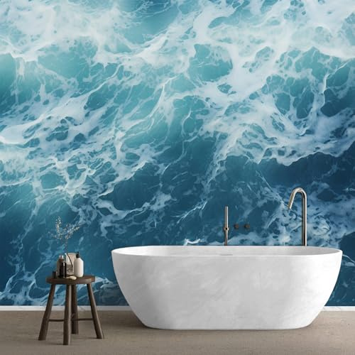 QEODAH Fototapete Meer Schlafzimmer, 3D Tapete Blau Meereswellen, Vliestapete Blau, Tapeten Wohnzimmer Muster, Maritim Wand Deko Kinderzimmer, Wandtapete, Mustertapete 200x140 cm