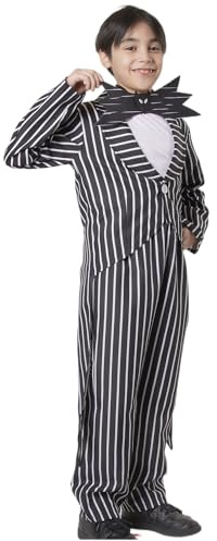 Disfraz Jack niño traje a rayas blanco negro estilo esmoquin con cola larga, Halloween carnaval cosplay infantil, look temático para fiesta escolar, teatro y desfiles (Traje rayas, 7-9)