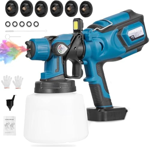 Yofidra Pistolet Pulvérisateur sans fil, 1400ML HVLP Pistolet Peinture Murale, Pulvérisateur de Peinture Électrique avec 6 Douilles, 3 Cartouches de Pulvérisation, Lumière LED Rechargeable, Pistolet