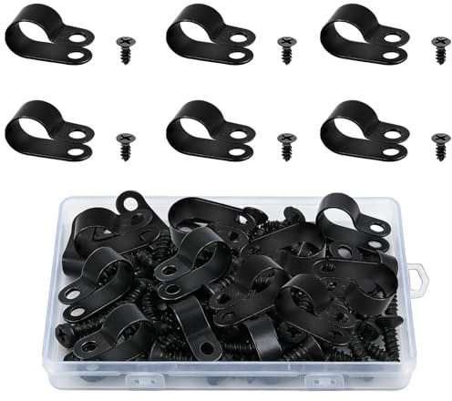 100Pcs 1/2 inch R-Type Cable Clip Wire Clamp P Clips Black Cable Clips for Wire Management Home Office Outdoor Nylon Screw Mounting Cord Fastener
