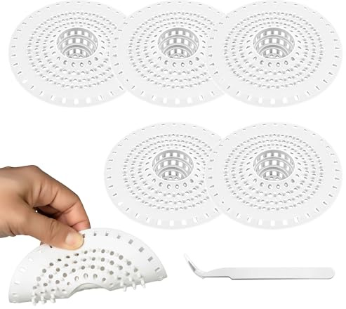 5 Article Filtre Cheveux Baignoire/Douche（12.2×12.5×3.5cm）+1 pincettes，Silicone Blanc Anti Cheveux Douche，Filtre a Cheveux pour Douche，Attrape Cheveux