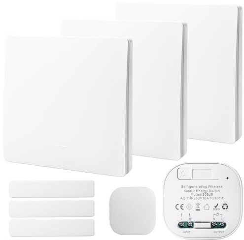 Behogan Interruptor de luz inalámbrico, 230 V, interruptor de luz inalámbrico, sin batería, 3 interruptores individuales y 1 módulo empotrado, interruptor de pared inalámbrico para casa, oficina